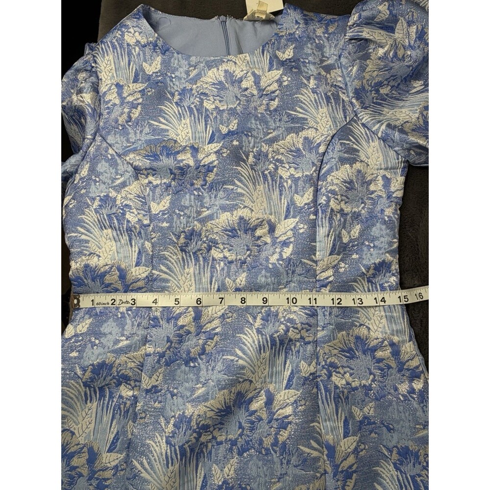 Lena Women’s M Blue Silver Floral Brocade Jacquard Puff Sleeve Mini Dress - Picture 9 of 12